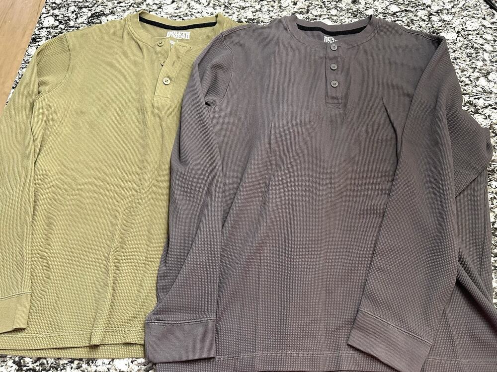 2-Duluth Trading 40 Grit Thermal Henley Men L Green Navy Waffle Knit Untucked